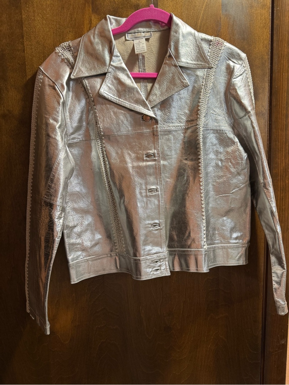 Women’s Metallic Silver Genuine Leather  Coat Jacket - Picture 6 of 7